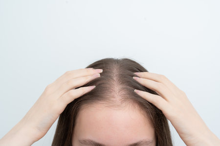 Close up view young woman massaging her scalp with hands for stimulating new hair growth, copy space. Receding hairline. Alopecia treatment, scalp stimulation, hair loss and baldness targeted therapy.の写真素材