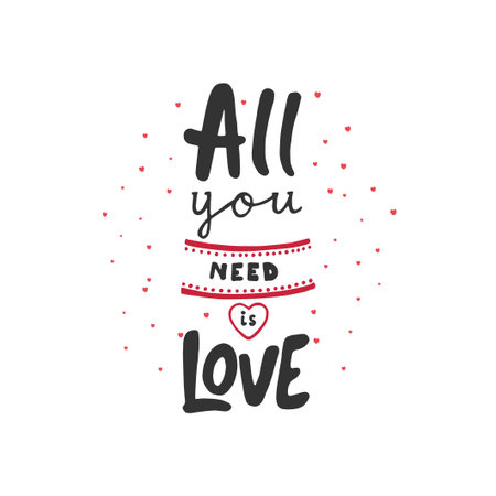 Valentines day card with handdrawn letters and hearts. All you need is love. Vector typography poster, romantic quoteのイラスト素材