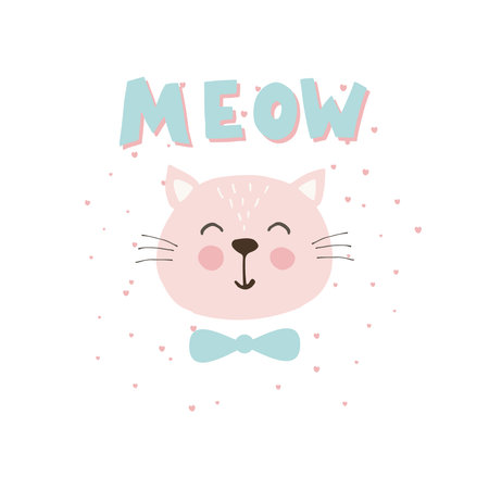 Print with cute kitten and phrase "meow" for children t-shirt.のイラスト素材