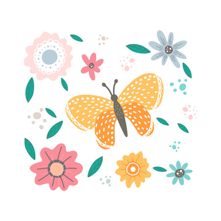 Colored flowers and butterfly isolated on white background.のイラスト素材
