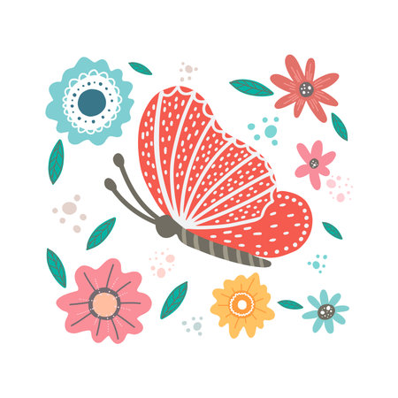 Colored flowers and butterfly isolated on white background.のイラスト素材