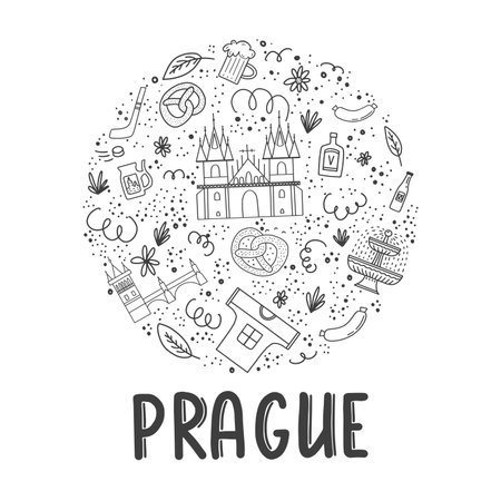 Vector line illustrations set of Prague, Czech republic travel landmarksのイラスト素材