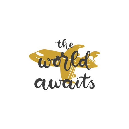 Lettering with phrase The world awaits. Vector illustration.のイラスト素材