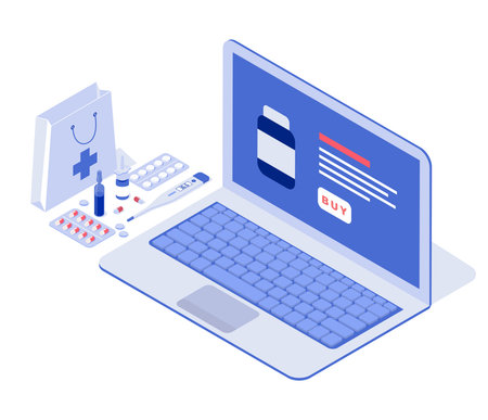 Healthcare, pharmacy and medical concept. Online notebook with pills, capsules blisters, glass bottles, plastic tubes. Isometric vector illustration.のイラスト素材