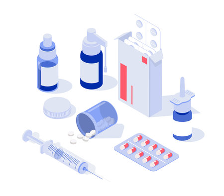 Medication, pharmaceutics concept. Set with pills, capsules blisters, glass bottles, plastic tubes. Isometric vector illustration.のイラスト素材