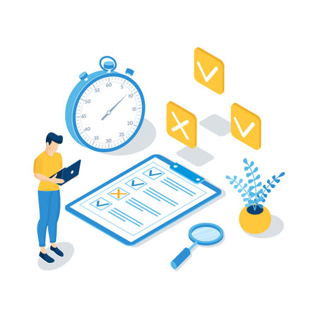 Concept of online exam, online testing, questionnaire form, online education, survey, internet quiz. Isometric vector illustration.のイラスト素材