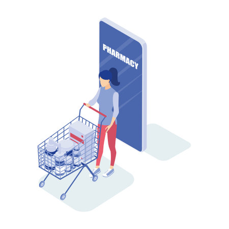 Ð¡oncept of an online pharmacy. Woman buys medicine. Isometric vector illustration.のイラスト素材