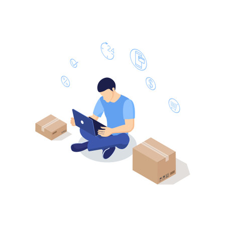 Online shopping concept. Woman buy things on the site. Can use for web banner and infographics. Isometric design. Vector illustration.のイラスト素材