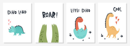 Baby print with Dino and phrase Dino land,Roar, Cool. Set of cute cards, poster, template, greeting cards, animals, dinosaurs. Scandinavian style. Vector illustrations.のイラスト素材