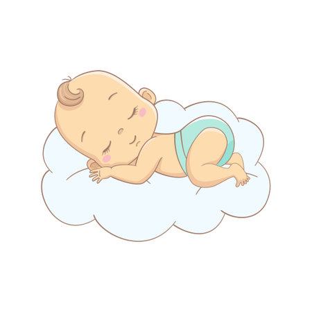 Vector illustration of cartoon baby sleeping on a cloud.のイラスト素材