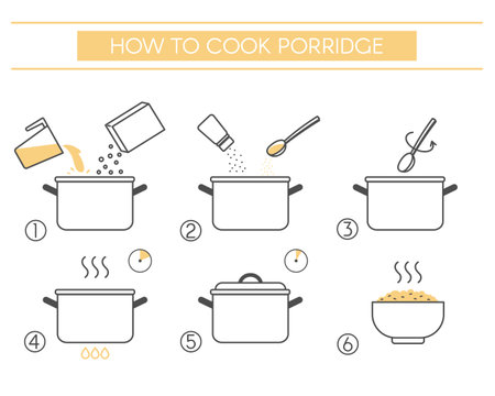 Instructions for the preparation of food. Steps how to cook porridge. Vector elements on a white backgroundのイラスト素材
