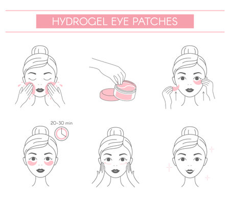Steps how to apply hydrogel eye patches. Line vector elements on a white background.のイラスト素材