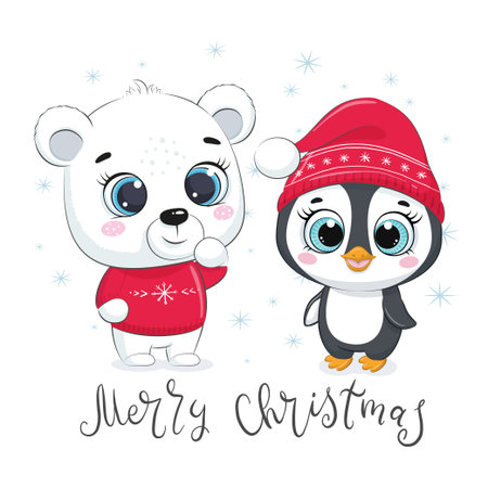 Cute polar bear with penguin. Design with phrase Merry Christmasのイラスト素材