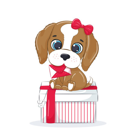 Cute puppy on the box with letter. Cartoon dog with bow. Gift for the holiday.のイラスト素材