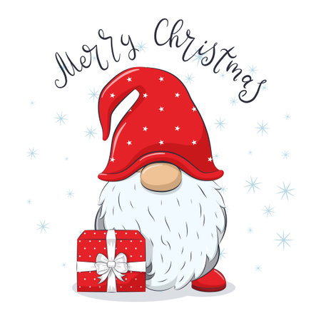 Cute cheerful gnome with phrase "Merry Christmas".のイラスト素材