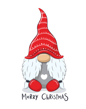 Cute cheerful gnome with phrase "Merry Christmas".のイラスト素材