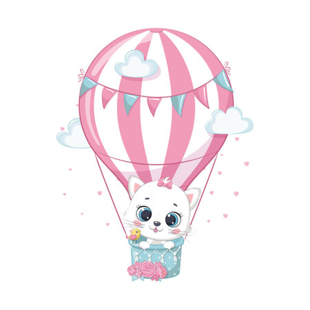 Cute baby cat on a hot air balloon. Vector illustration for baby shower, greeting card, party invitation, fashion clothes t-shirt printのイラスト素材