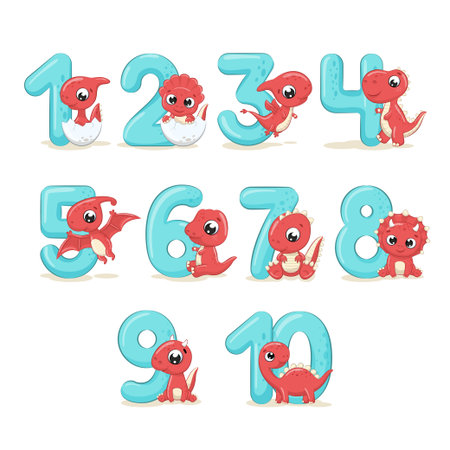 Set of color numbers with baby dinosaurs. Vector illustration for greeting card, party invitation, fashion clothes t-shirt print.のイラスト素材