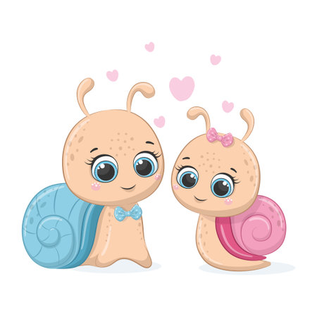 Vector illustration of cute cartoon snail. boy and girl.のイラスト素材