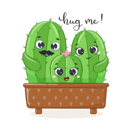 Cute cactus family illustration. Vector illustration for greeting card, party invitation, fashion clothes t-shirt print.のイラスト素材