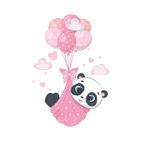 Cute baby panda in diapers on the balloonsのイラスト素材