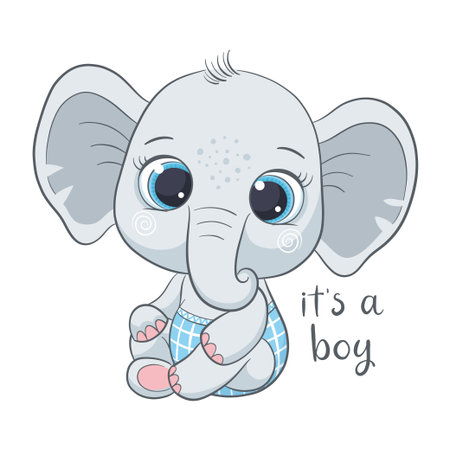 Cute baby elephant with phrase "It's a boy"のイラスト素材