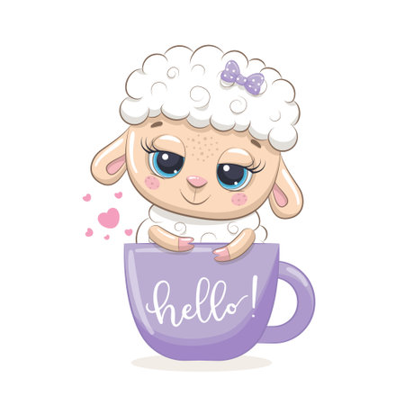Cute baby sheep in cup. Vector illustration for baby shower, greeting card, party invitation, fashion clothes t-shirt print.のイラスト素材
