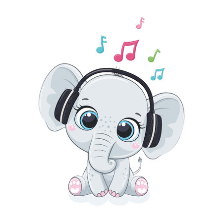 Cute cartoon elephant boy with headphones listen to musicのイラスト素材