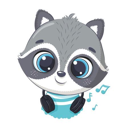 Cute cartoon raccoon boy with headphones listen to musicのイラスト素材