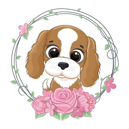 Cute summer baby dog with flower wreath. Vector illustration for baby shower, greeting card, party invitation, fashion clothes t-shirt print.のイラスト素材