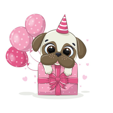 Happy birthday greeting card with dog. Vector illustration for party invitation, fashion clothes t-shirt print.のイラスト素材