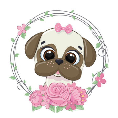 Cute summer baby dog with flower wreath. Vector illustration for baby shower, greeting card, party invitation, fashion clothes t-shirt print.のイラスト素材