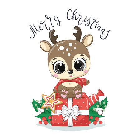 Cute baby deer with christmas gift and phrase "Merry Christmas". Vector illustration for baby shower, greeting card, party invitation, fashion clothes t-shirt print.のイラスト素材