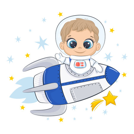 Cute spaceman with spaceship and stars. Childish illustrationのイラスト素材