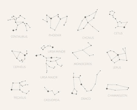 Set of 12 Constellations. Centaurus, Phoenix, Cygnus, Getus, Cepheus, Ursa Minor, Ursa Major,...