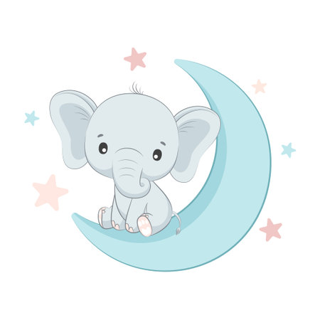 Vector illustration with cute elephant that sees on the moon.のイラスト素材
