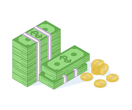 golden coins and paper dollars illustration. Bundles scattered, stacked with different sides isolated on white background. Isometric illustrations.のイラスト素材