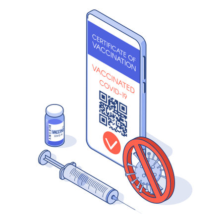 Vaccination certificate in app on phone and Vaccine and syringe. Covid-19 immune passport. New normal for trips and global communication. isometric vector illustrationのイラスト素材
