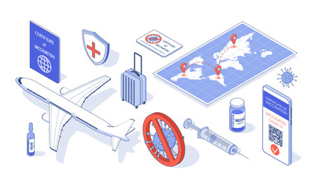 Vaccination certificate in app on phone and Vaccine, syringe, airplane, map, suitcase. Covid-19 immune passport. New normal for trips and global communication. isometric vector illustrationのイラスト素材