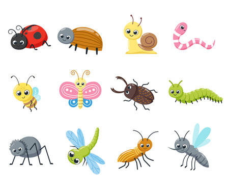 A collection of cute insects. Funny bugs, snail, fly, bee, ladybird, spider, mosquito. cartoon vector illustration.のイラスト素材