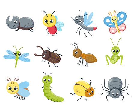 A collection of cute insects. Funny bugs, caterpillar, fly, bee, spider, mosquito. cartoon vector illustration.のイラスト素材