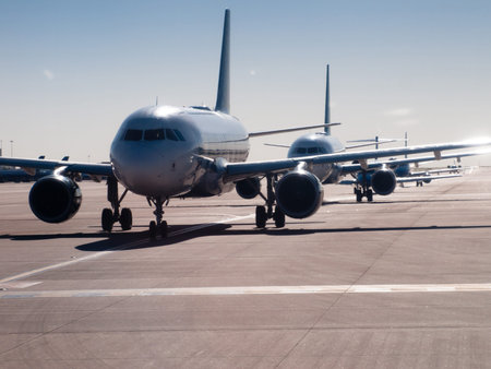 Airplanes lined up before departure.