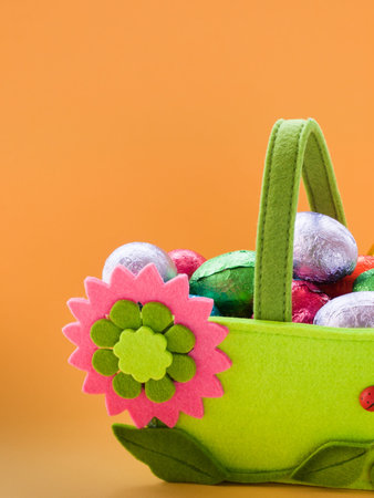 Easter basket with chocolate eggs.の写真素材