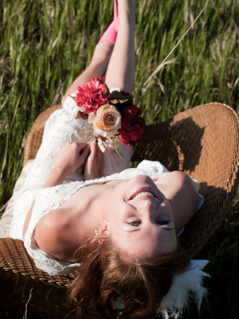 Fashion model wearing a wonderful  wedding dress.の写真素材