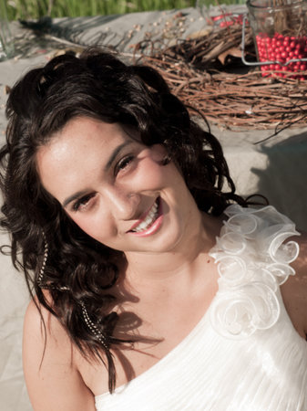 Fashion model wearing a wonderful  wedding dress.の写真素材