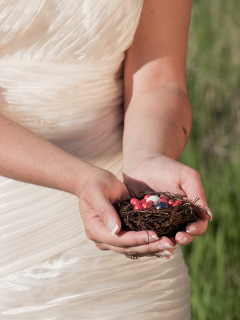 Fashion model wearing a wonderful  wedding dress.の写真素材