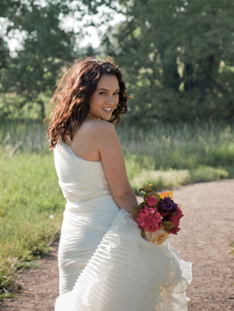 Fashion model wearing a wonderful  wedding dress.の写真素材