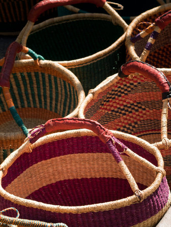 Empty wicker baskeets at the local market.の写真素材