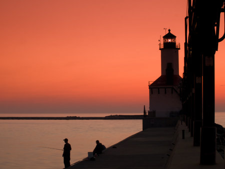 Sunset at Michigan City Lighthouse, Michigan City Indiana.のeditorial素材
