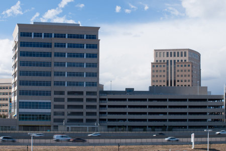 Office building with parking structure.のeditorial素材